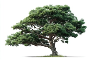 Solitary Green Tree with Branches on Isolated White Background