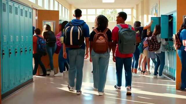 Slow-motion tracking shot of teenagers walking from behind through a bustling high school hallway, just before classes begin. Perfect for back-to-school themes and educational content.