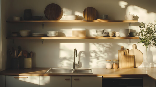Modern Scandinavian kitchen with minimalist open shelving and natural light