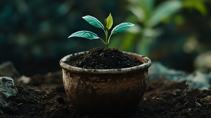 Young green plant growing in small brown pot with rich soil up new life leaf stem root dark earth