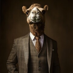 Wearing a perfectly fitted three-piece suit, the noble camel poses with effortless confidence.