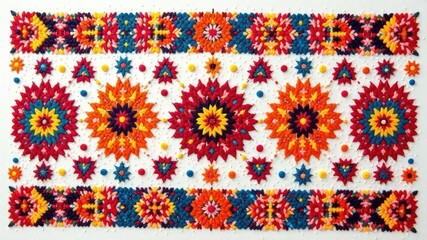 colorful geometric pattern with floral motifs in vibrant red, orange, and blue hues on white background. symmetrical design evokes traditional textile art. home decor, textile print, wallpaper.