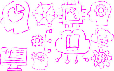 a set of doodle icons focused on advanced machine learning themes such as deep learning, AI, data mining, clustering, cloud computing, and analytical processes.