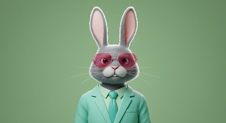 A Dapper Rabbit in Mint Green: A 3D Rendered Bunny in Sunglasses and Suit
