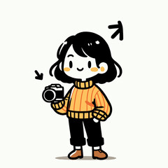 Young woman smiling, holding a camera, in a simple style.  