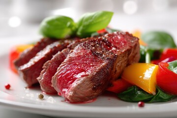 Fototapeta premium Sliced Steak with Peppers and Basil