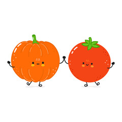 Obraz premium A charming cartoon of a friendly Pumpkin and Tomato character holding hands on white.