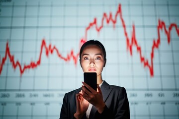 Digitally enhanced shot of an attractive businesswoman using a cellphone superimposed over a graph showing the ups and downs of the stock market