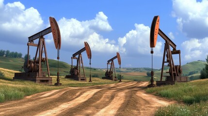 Oil Pump Jacks Operating in a Rural Landscape Under Bright Blue Sky Surrounded by Green Fields and Rolling Hills