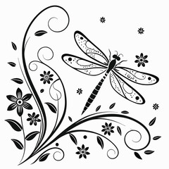 Elegant Black and White Dragonfly Illustration with Floral Design