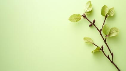Fresh spring branch on pastel green background