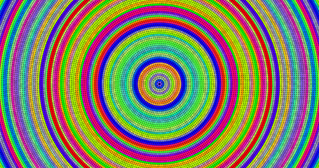 Bright concentric circle pattern with rainbow palette. Style: op art, psychedelic, digital abstraction.ps