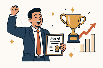 Business Achievement Vector Illustration with Successful Businessman Celebrating Award Certificate and Gold Trophy with Rising Growth Chart, Professional Victory Concept for Corporate Recognition