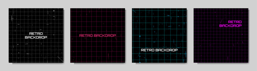 Vector illustration. Retro futuristic grid pattern with scratched texture background. Set of y2k style backdrops. Design elements for social media, blog post, web banner, square marketing template