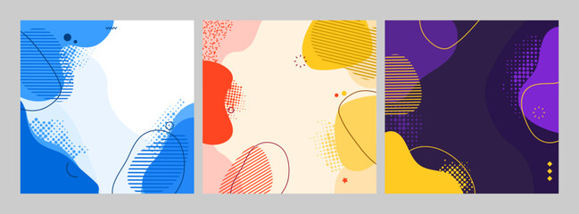 Vector illustration. Colorful childish background. Hand drawn memphis pattern fluid shapes and lines. Design elements for social media template, web banner, blog post. Trendy abstract colorful style