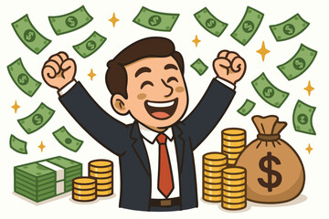 Successful Businessman Celebrating Financial Achievement with Money Rain, Dollar Bills and Gold Coins Vector Illustration, Wealth Growth Concept for Finance, Investment and Business Success