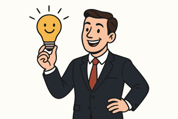 Smiling Businessman Holding Bright Light Bulb with Happy Face, Vector Illustration for Creative Business Solution, Innovation Concept, Entrepreneurship, Leadership Ideas, Corporate Success