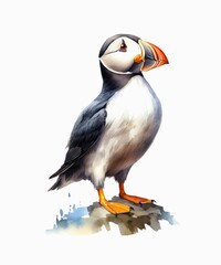 Vivid watercolor illustration of a puffin standing on a rock isolated on white background.