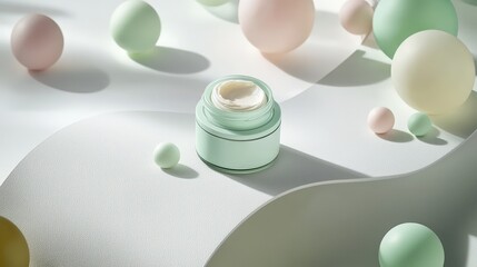 A skincare cream jar on a scroll white surface, surrounded by subtle pastel green elements, ample text space at the top.