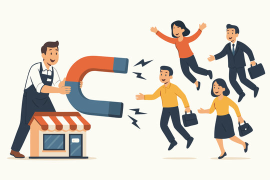 Attracting New Customers Vector Illustration with Business Owner Using Magnet to Draw Diverse Clients, Customer Acquisition Strategy Concept for Marketing, Small Business Attraction Metaphor