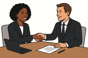 Vector art of successful business meeting with diverse partners, Black businesswoman and White businessman, shaking hands to seal a deal over contract and laptop at office desk.