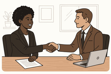 Successful business agreement confirmed with handshake between diverse colleagues, a Black businesswoman and White businessman, meeting in a modern office. Flat vector cartoon illustration.
