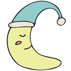 cute crescent moon in nightcap, moon, good night, vector cute colored children s element in doodle style with black outline, delicate colors
