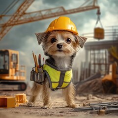 This energetic dog is dressed like a true builder, complete with a yellow safety vest, a miniature helmet, and a tool belt holding tiny tools.