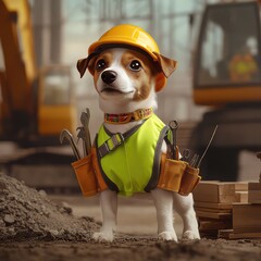 A construction-themed scene comes to life with a joyful dog dressed in bright safety gear. 