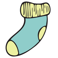 small warm baby sock for a child, vector cute colored children s element in doodle style with black outline, delicate colors