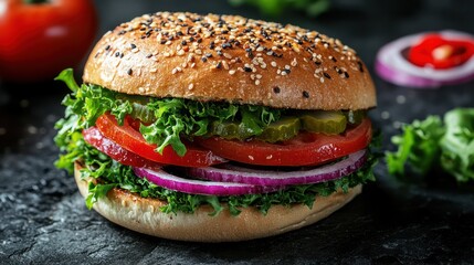 Veggie burger, dark background, ingredients, food photography, menu