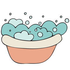 small baby bathtub for bathing babies with bath foam and bubbles, vector cute colored children s element in doodle style with black outline, delicate colors