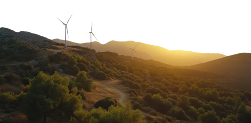 Wind turbines on hill at sunset with scenic landscape, isolated on transparent cutout background