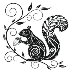 Stylized Black and White Squirrel Illustration Floral Design, Nature Art
