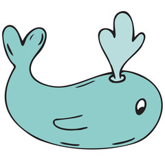 little blue toy whale for bathing in the bathtub and playing with water, vector cute colored children s element in doodle style with black outline, delicate colors