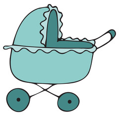 baby stroller for walks, cute things for a newborn baby, vector cute colored children s element in doodle style with black outline, delicate colors