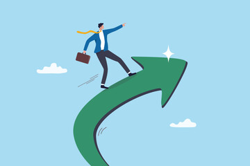 Increase business success, financial achievement, challenge or work performance, upward or rising expertise employee concept, confidence businessman ride upward rising success arrow upward direction.