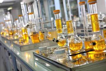 Laboratory equipment with amber liquid