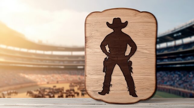 A handcrafted wooden sign with a rodeo silhouette, placed in front of a live arena scene, warm natural lighting