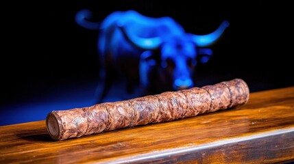 A hand-stitched quirt (riding crop) on a wooden rail, rodeo bull in motion behind, dramatic lighting