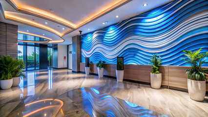 Modern hotel lobby, futuristic interior design, curved blue wave wall panels, LED lighting, reflective marble floors, glass entrance doors, potted plants, reception desk, ceiling cove lighting, luxury
