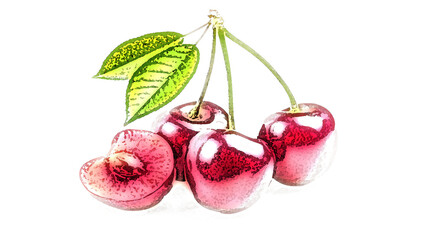 A cluster of red cherries displayed on a white background.
