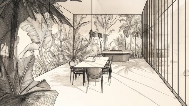 Interior sketch of a tropical dining area. - Powered by Adobe
