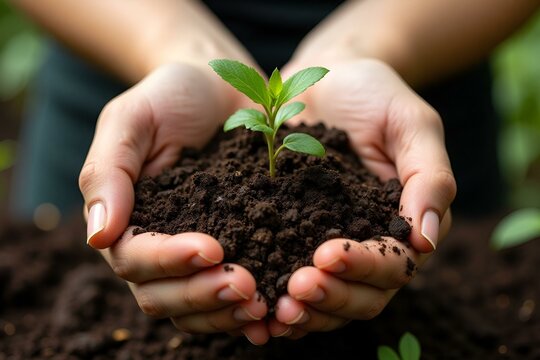 Female hands holding soil with a green seedling sprouting
