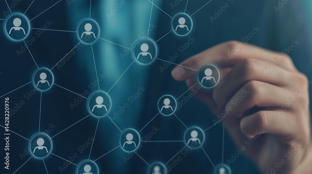 Poster digital network connection with a hand interacting with user icons.