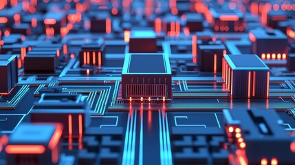 Obraz premium Futuristic circuit board with glowing components and intricate connections.