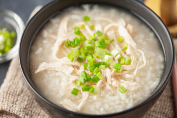 Dakjuk. Korean rice chicken porridge with spring onions