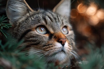 Tabby Cat Looking Up Close Up