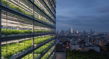 Urban Vertical Farming on a Skyscraper at Dusk with City Skyline in Background, Showcasing Green Produce and Modern Agriculture Technology