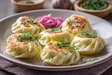 A Cheese Pierogi on Plate with Dill and Pickled Onions, Food Photography, Warm Tones, Rustic Kitchen Setting